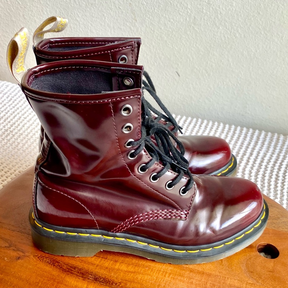 SOLD Dr. Martens Vegan 1460 Boots in Cherry Red Oxford Rub-Off Finish